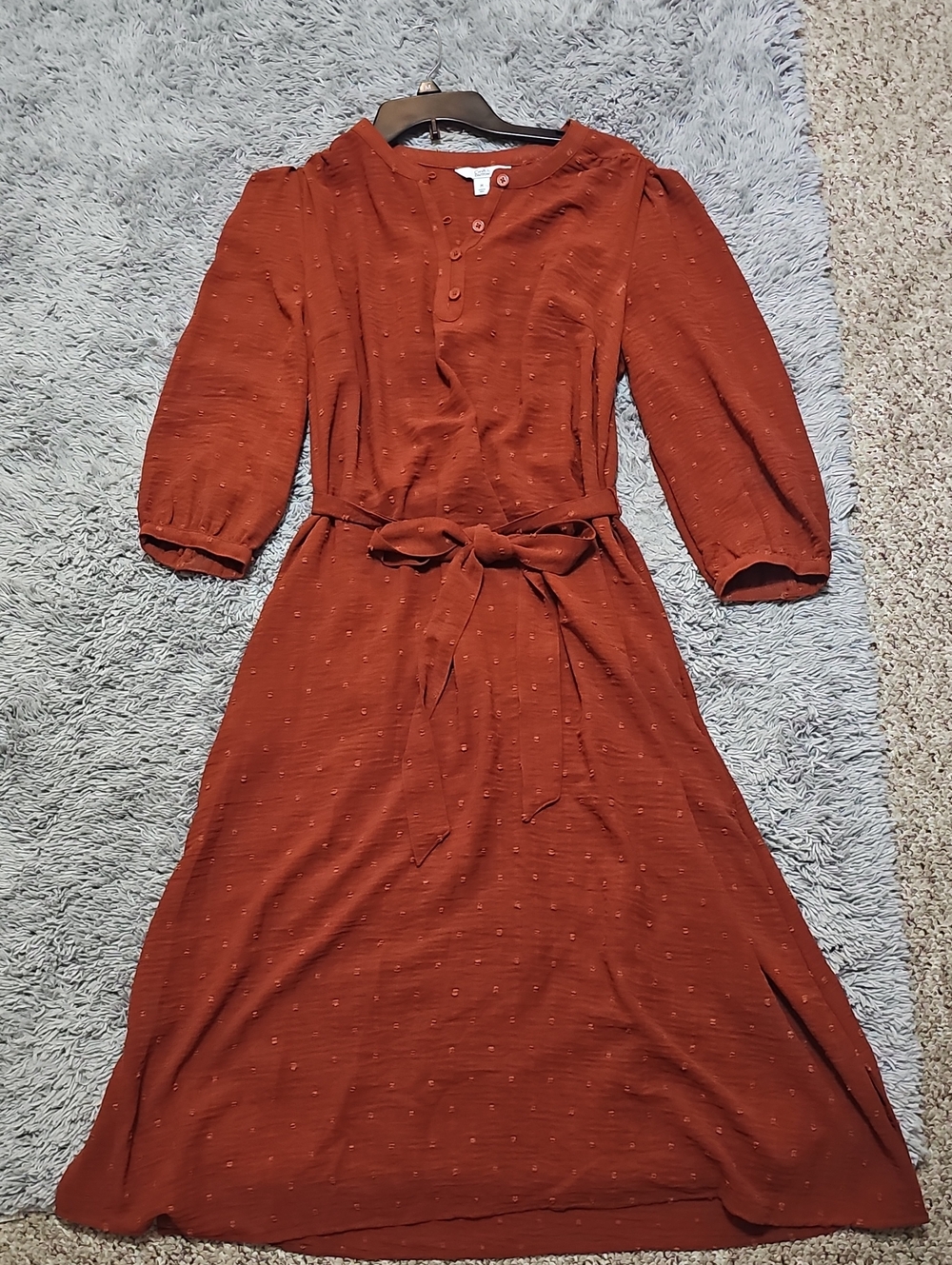 Rust Orange Midi Dress with Tie Waist And Quater Sleeves